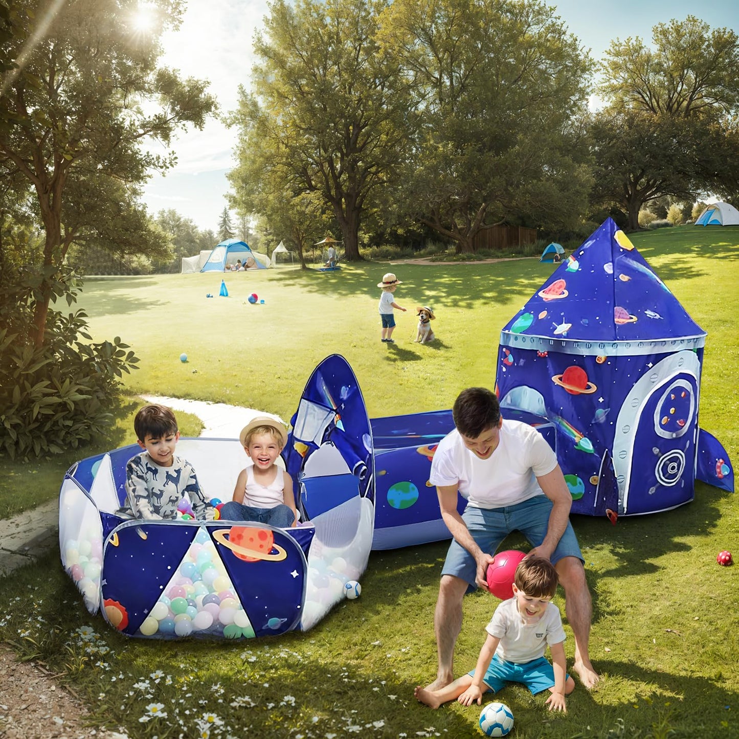 TTLOJ Gift 3pc Rocket Ship Play Tent Set – Ball Pit & Crawl Tunnel