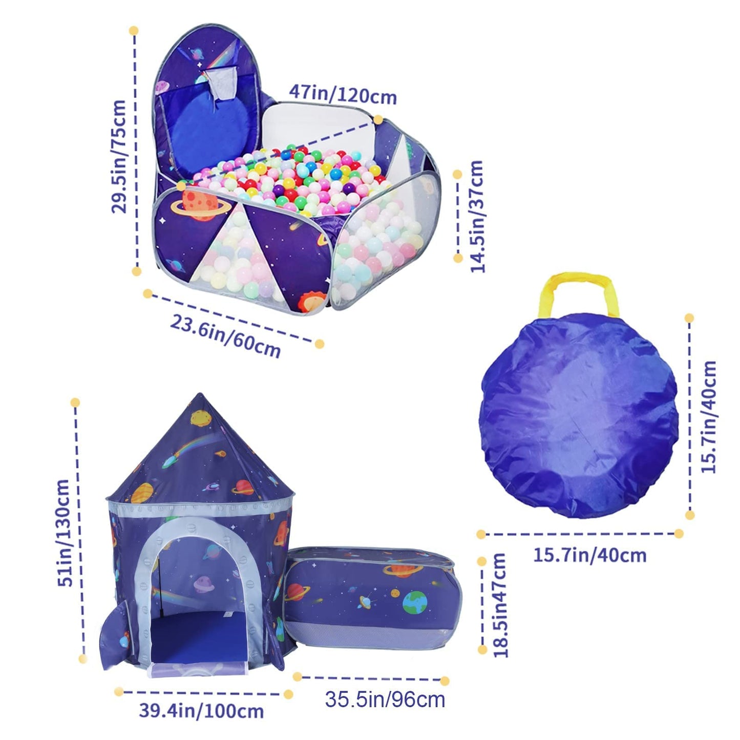TTLOJ Gift 3pc Rocket Ship Play Tent Set – Ball Pit & Crawl Tunnel