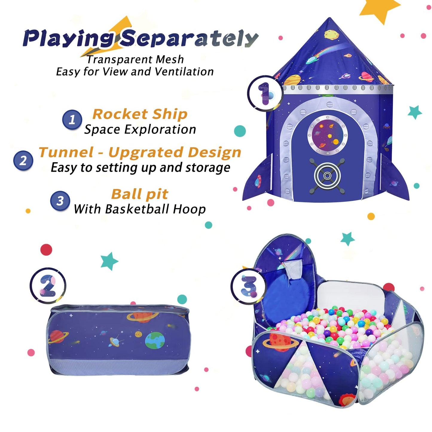 TTLOJ Gift 3pc Rocket Ship Play Tent Set – Ball Pit & Crawl Tunnel