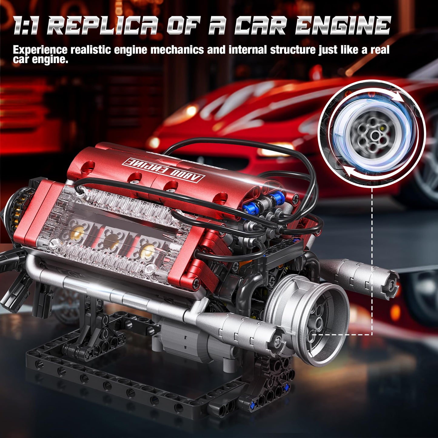 Tuajixz V8 Engine Building Blocks Set – Motorized Model Kit with Moving Pistons and Crankshaft (588 Pcs)