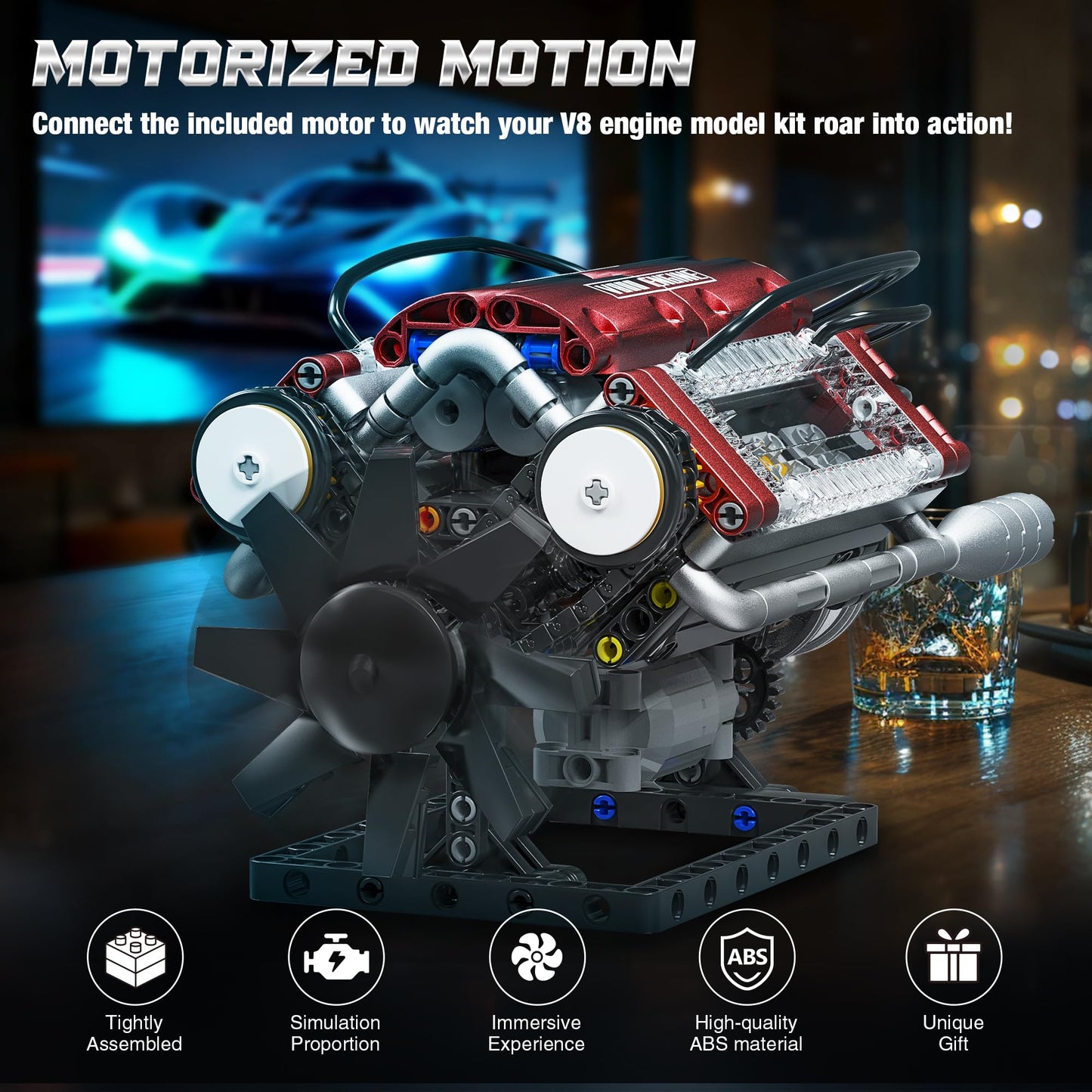 Tuajixz V8 Engine Building Blocks Set – Motorized Model Kit with Moving Pistons and Crankshaft (588 Pcs)