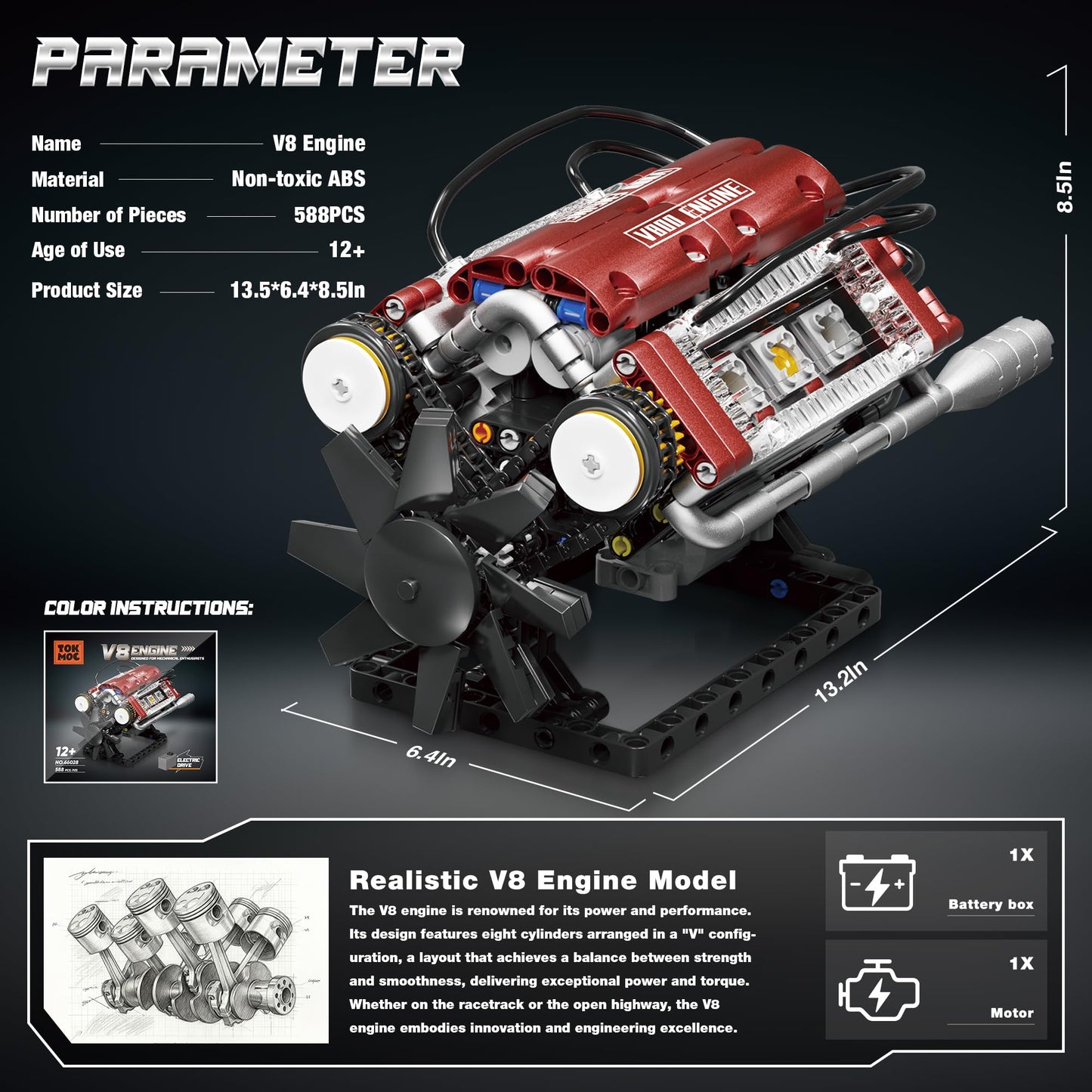 Tuajixz V8 Engine Building Blocks Set – Motorized Model Kit with Moving Pistons and Crankshaft (588 Pcs)