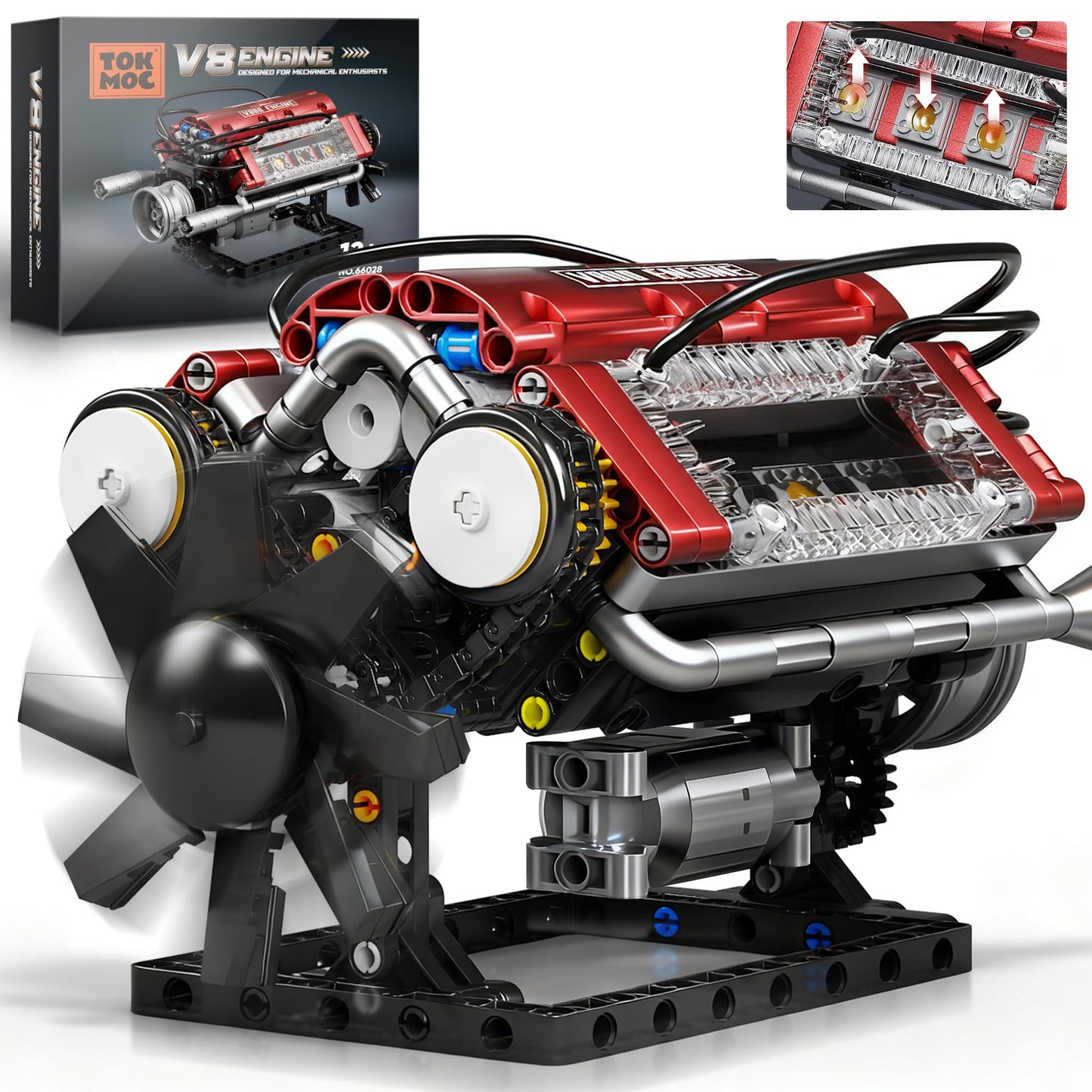 Tuajixz V8 Engine Building Blocks Set – Motorized Model Kit with Moving Pistons and Crankshaft (588 Pcs)