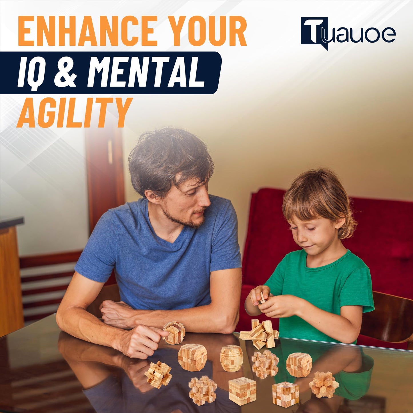 Tuauoe Wooden 9pc 3D Brain Teaser Puzzles for Adults, Teens & Kids