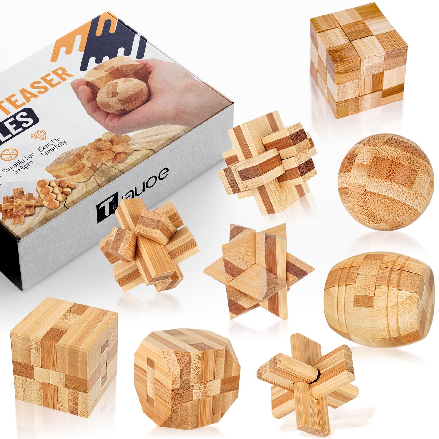 Tuauoe Wooden 9pc 3D Brain Teaser Puzzles for Adults, Teens & Kids