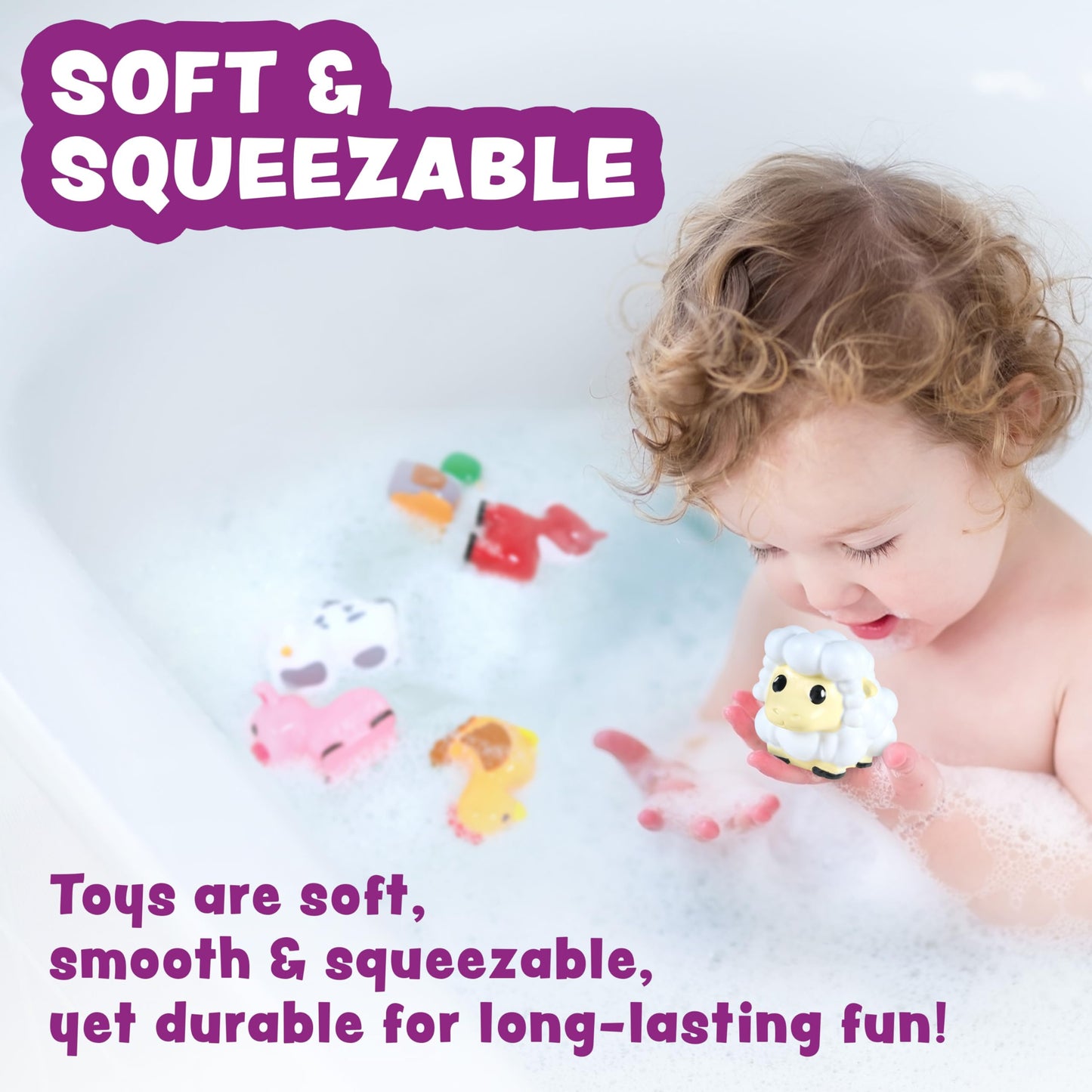 Tub Works Barnyard Mold-Free Bath Toys, 12 Pack | Sealed No-Hole Design, Soft & Floatable