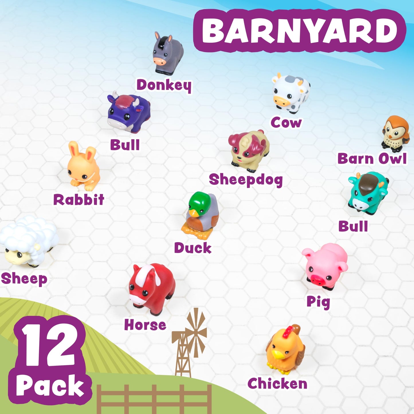 Tub Works Barnyard Mold-Free Bath Toys, 12 Pack | Sealed No-Hole Design, Soft & Floatable