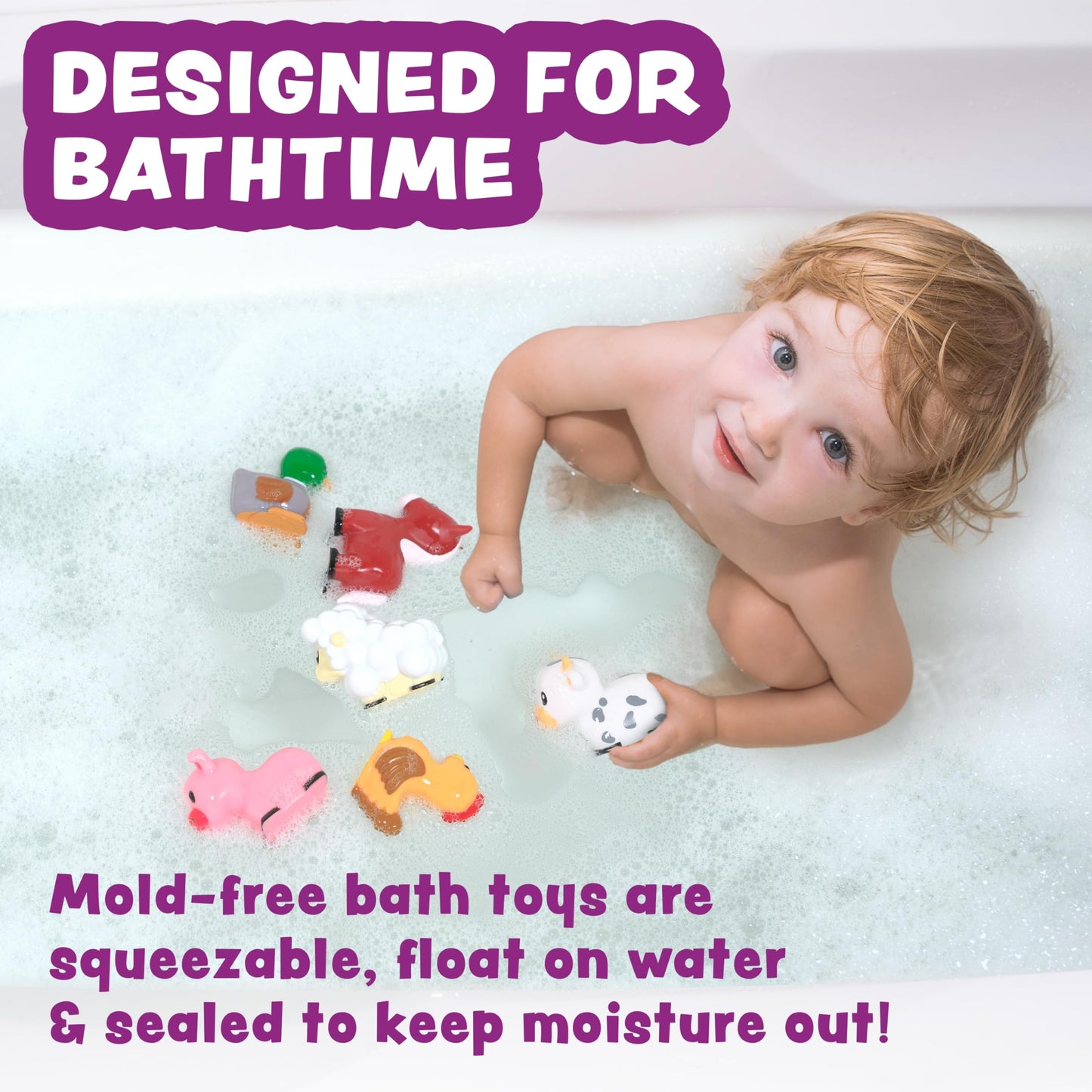 Tub Works Barnyard Mold-Free Bath Toys, 12 Pack | Sealed No-Hole Design, Soft & Floatable