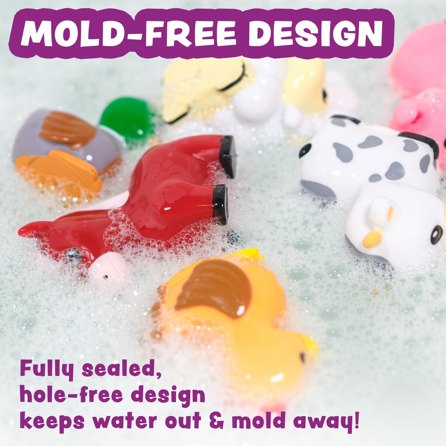 Tub Works Barnyard Mold-Free Bath Toys, 12 Pack | Sealed No-Hole Design, Soft & Floatable