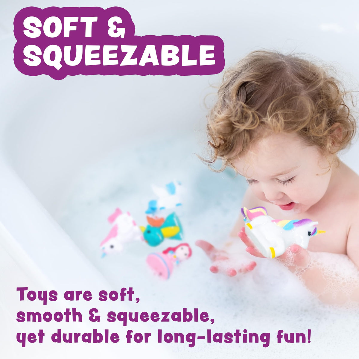 Tub Works® Fantasy Watertight Bath Toys 6 Pack | Sealed No-Hole Design • Soft & Squeezable Unicorn Fun