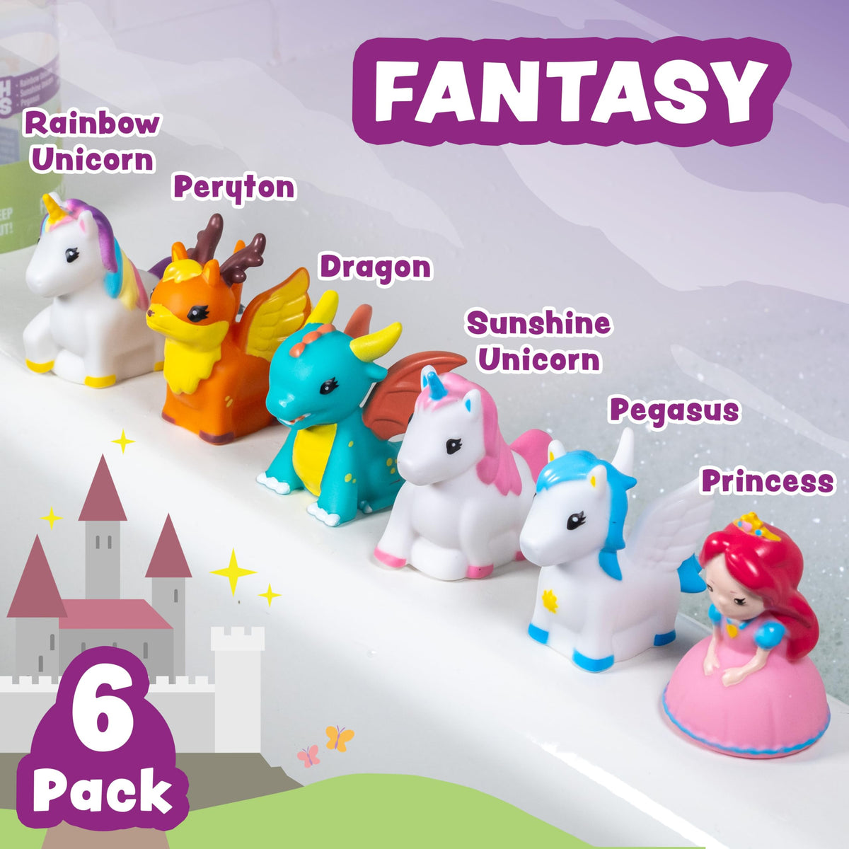 Tub Works® Fantasy Watertight Bath Toys 6 Pack | Sealed No-Hole Design • Soft & Squeezable Unicorn Fun