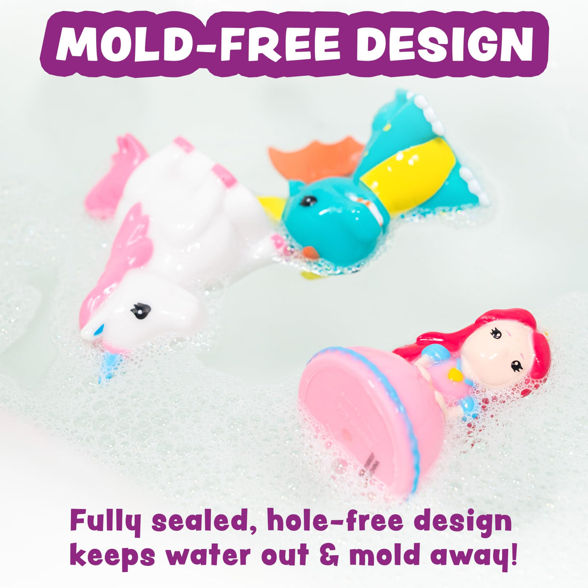 Tub Works® Fantasy Watertight Bath Toys 6 Pack | Sealed No-Hole Design • Soft & Squeezable Unicorn Fun