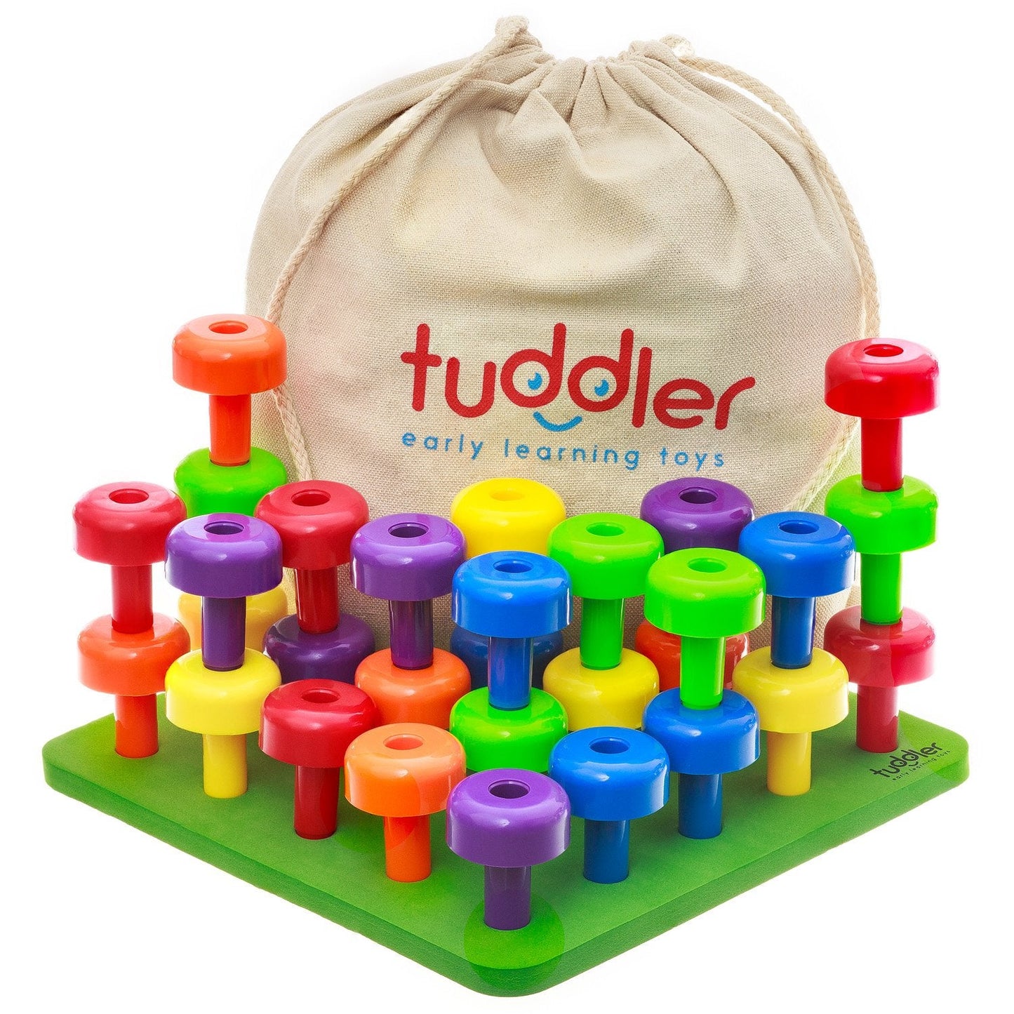 Tuddler Toddler Peg Board Set – 30 Stackable Pegs, Pattern Card, Backpack & E-Book