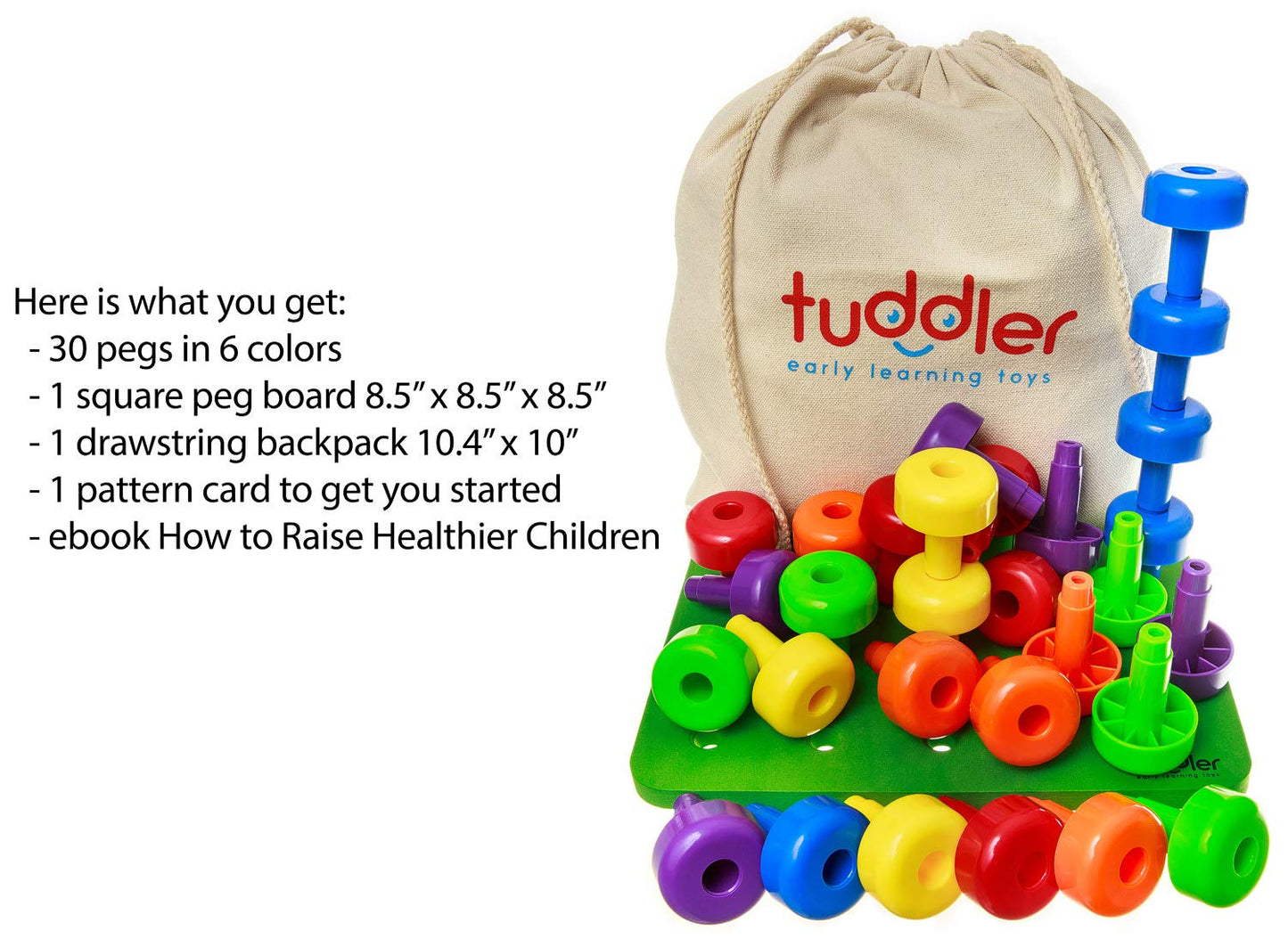 Tuddler Toddler Peg Board Set – 30 Stackable Pegs, Pattern Card, Backpack & E-Book