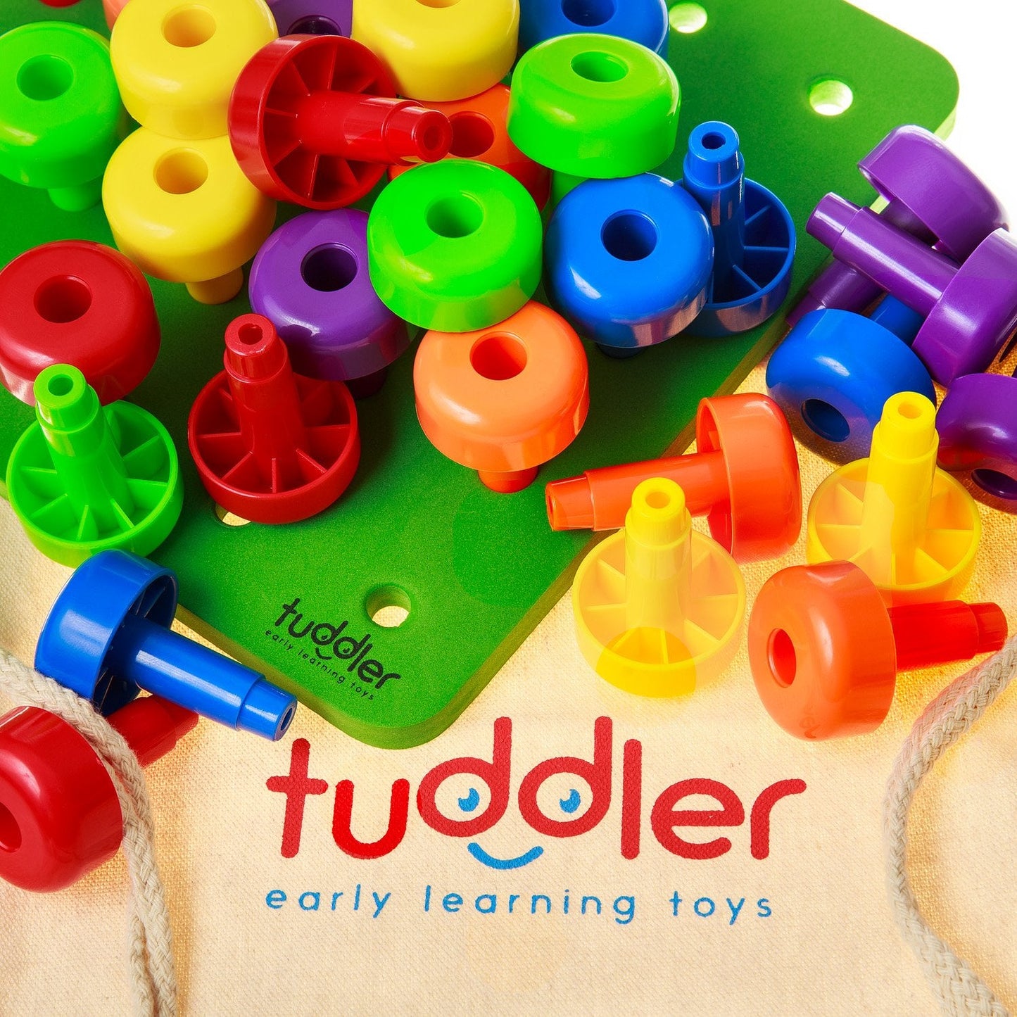 Tuddler Toddler Peg Board Set – 30 Stackable Pegs, Pattern Card, Backpack & E-Book