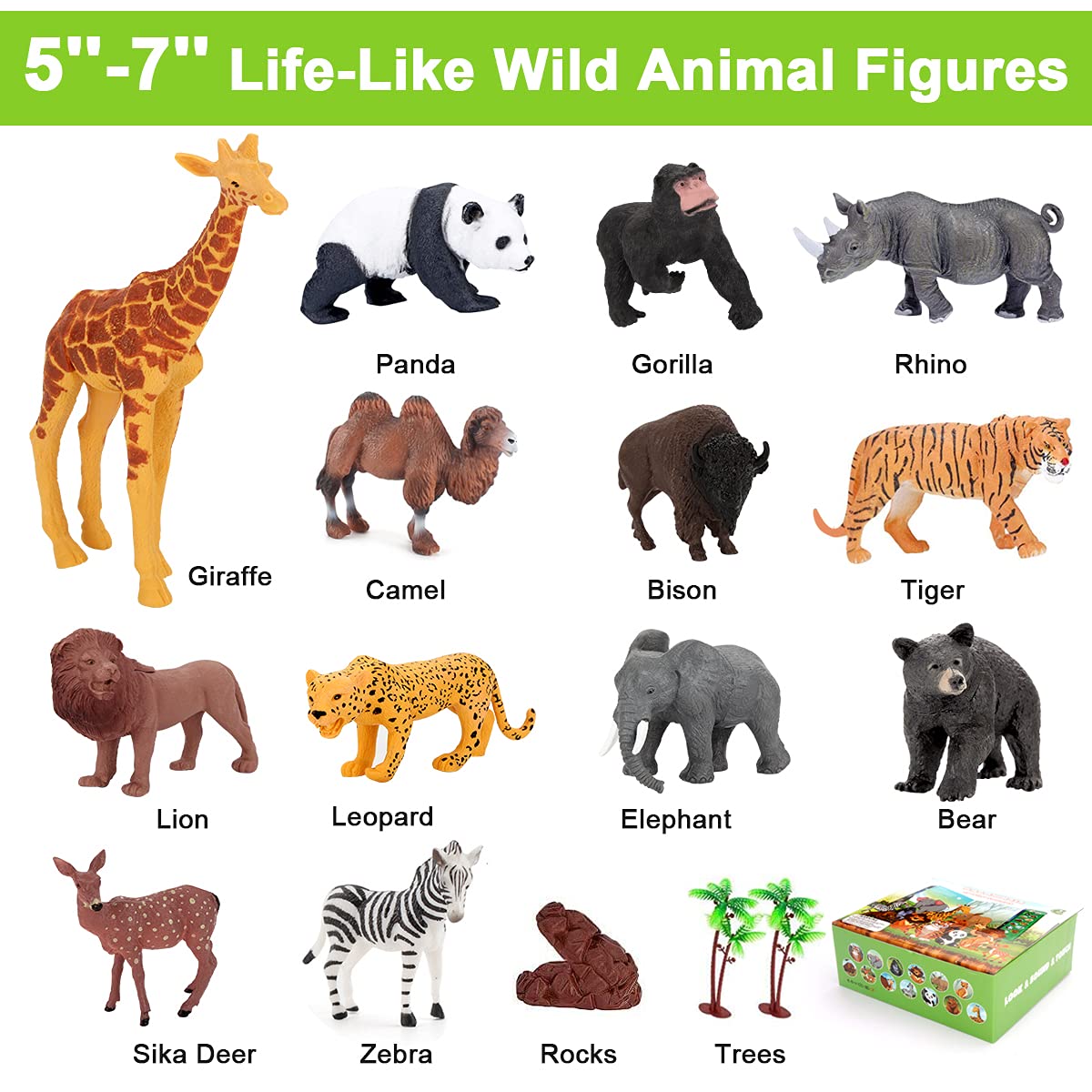 Tudoccy Safari Animals Figures Toys – 13 Realistic Wild Animals + Sound Book for 3+