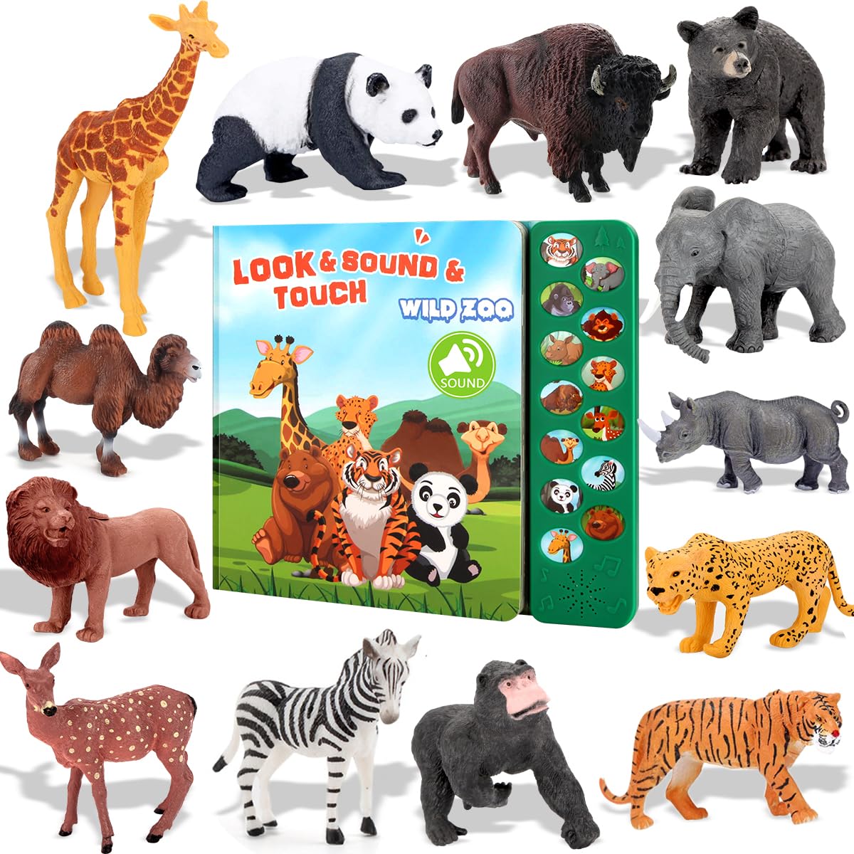 Tudoccy Safari Animals Figures Toys – 13 Realistic Wild Animals + Sound Book for 3+