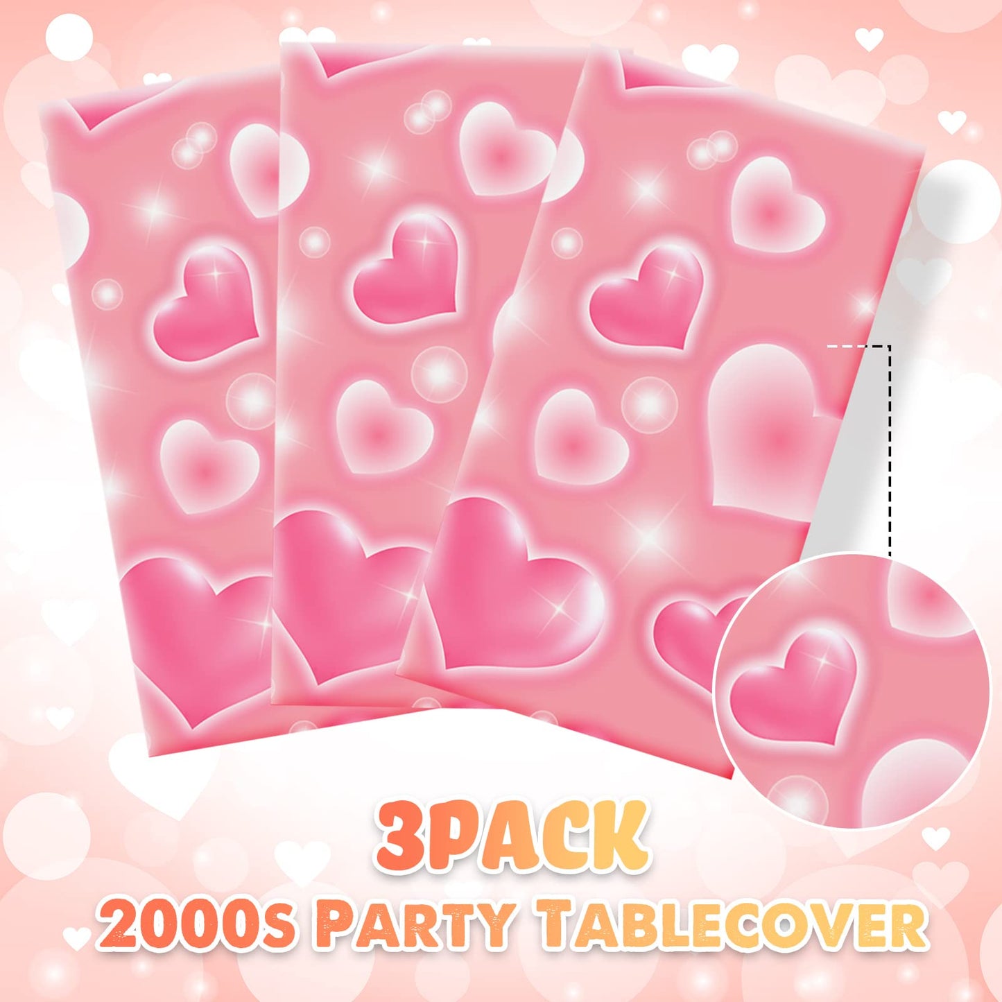 Tudomro 3 Pack 2000s Tablecloth – 54 x 108 in Pink Heart Disposable Table Cover for Y2K Party