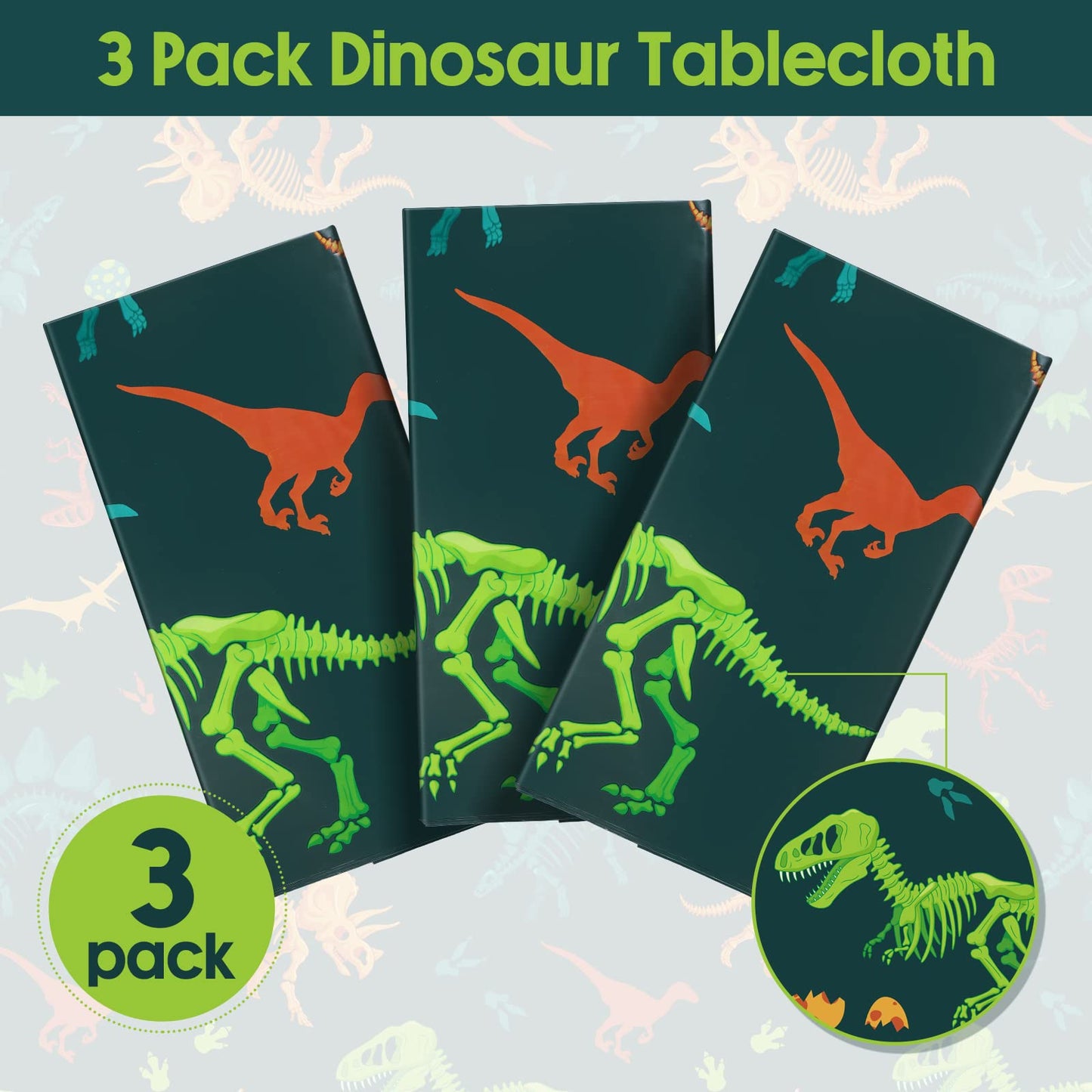 Tudomro 3-Piece Dinosaur Tablecloths – Large 54 x 108 in Disposable Birthday Table Cover