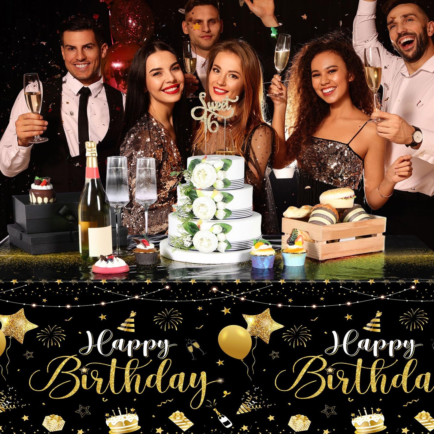 Tudomro 3 Pcs Happy Birthday Tablecloths – Black & Gold Disposable Table Covers 54 x 108 in