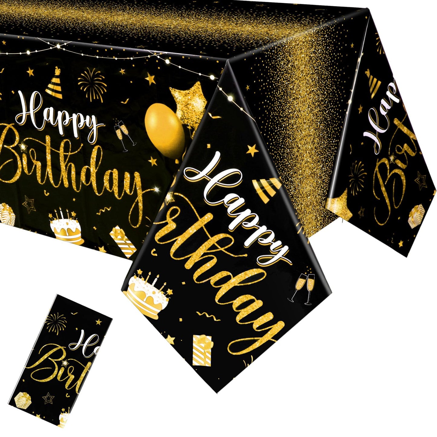 Tudomro 3 Pcs Happy Birthday Tablecloths – Black & Gold Disposable Table Covers 54 x 108 in