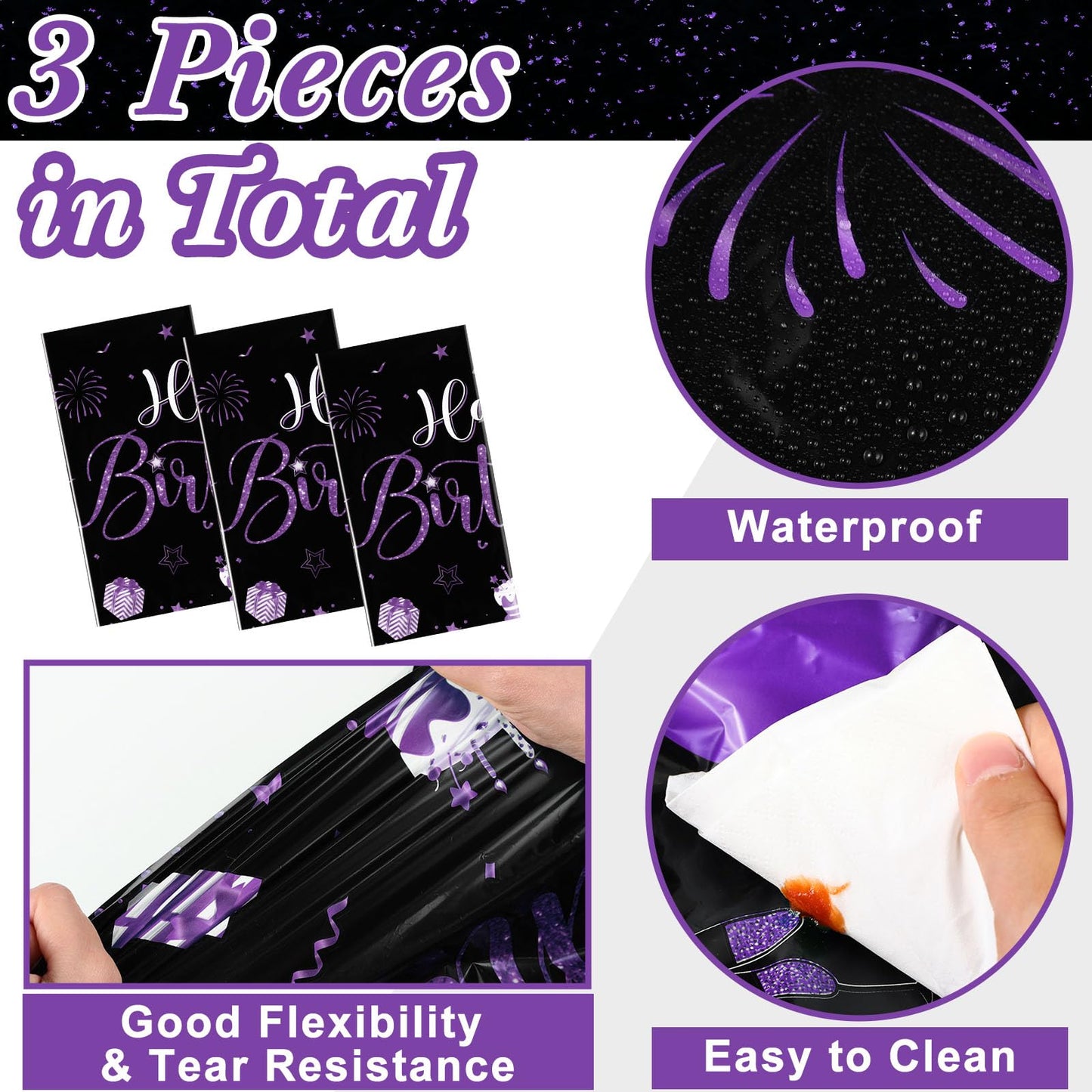 Tudomro 3 Pcs Happy Birthday Tablecloths — Black & Purple, 54 x 108 in, Disposable Party Covers