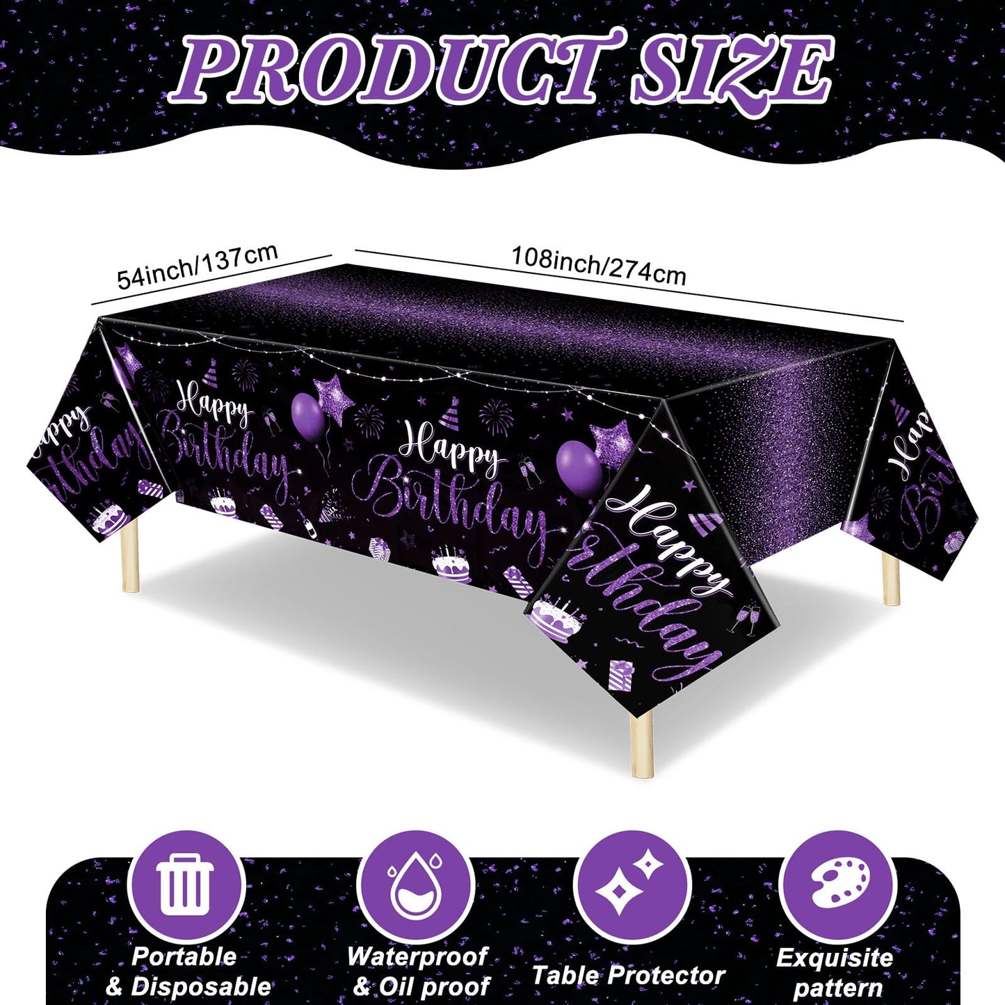 Tudomro 3 Pcs Happy Birthday Tablecloths — Black & Purple, 54 x 108 in, Disposable Party Covers