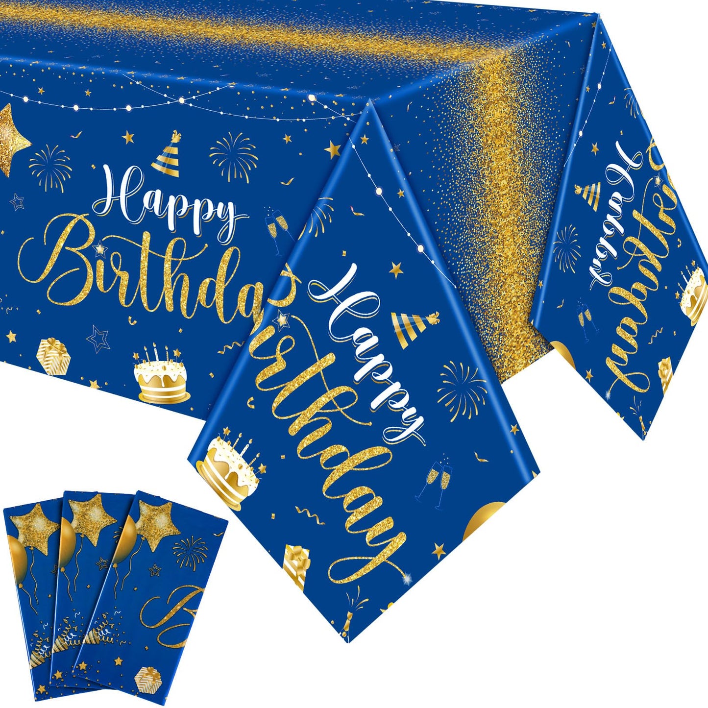Tudomro 3 Pcs Happy Birthday Tablecloths – Blue & Gold, 108 x 54 in
