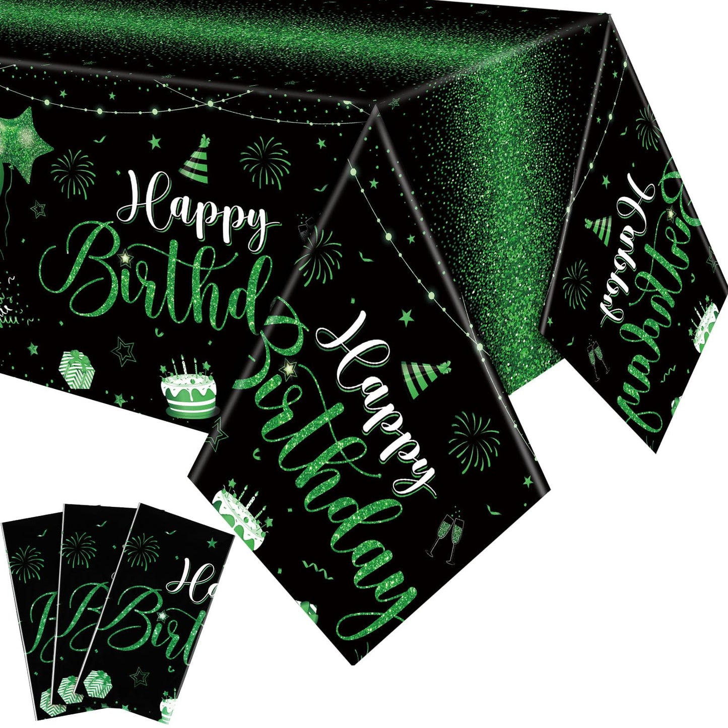 Tudomro 3 Pcs Happy Birthday Tablecloths – Black & Green Disposable Covers, 108 x 54 in