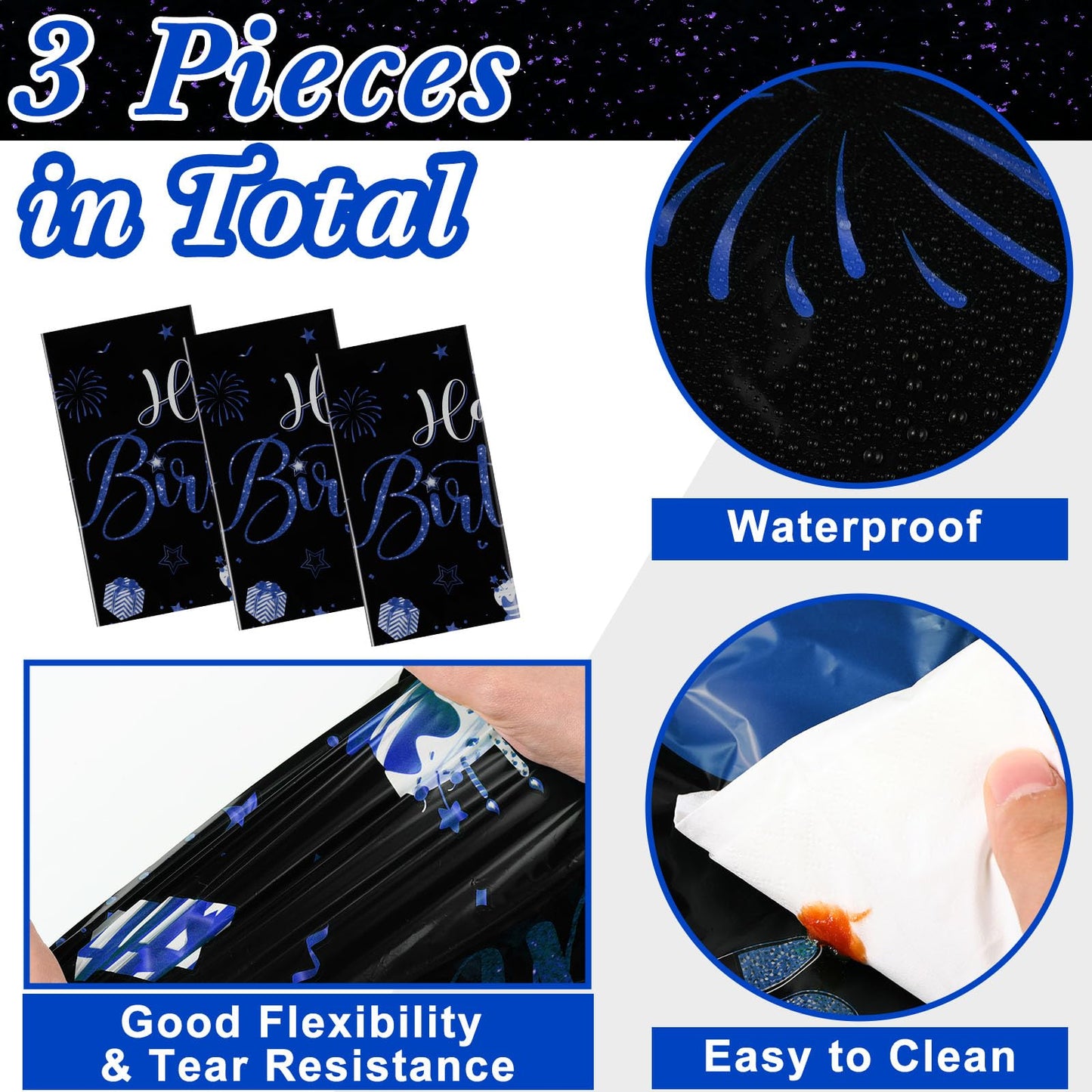 Tudomro 3-Piece Happy Birthday Tablecloths – Black & Blue, 108 x 54 in