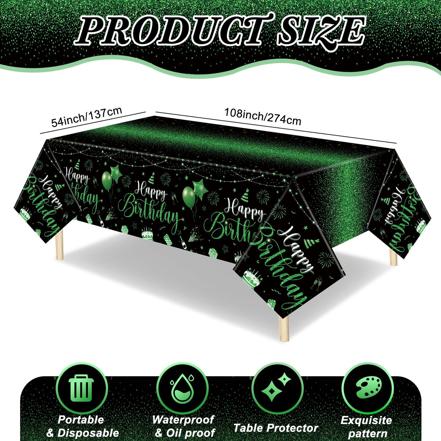 Tudomro 3 Pcs Happy Birthday Tablecloths – Black & Green Disposable Covers, 108 x 54 in