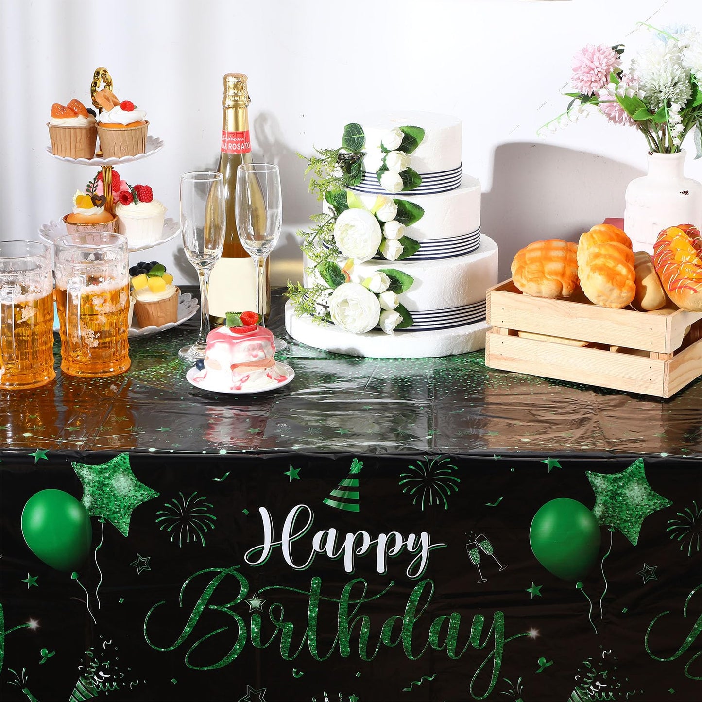 Tudomro 3 Pcs Happy Birthday Tablecloths – Black & Green Disposable Covers, 108 x 54 in