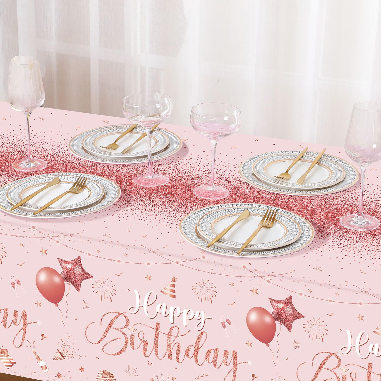 Tudomro 3 Pcs Happy Birthday Tablecloths - Pink Rose Gold - Disposable Plastic Table Cover, 54 x 108 in