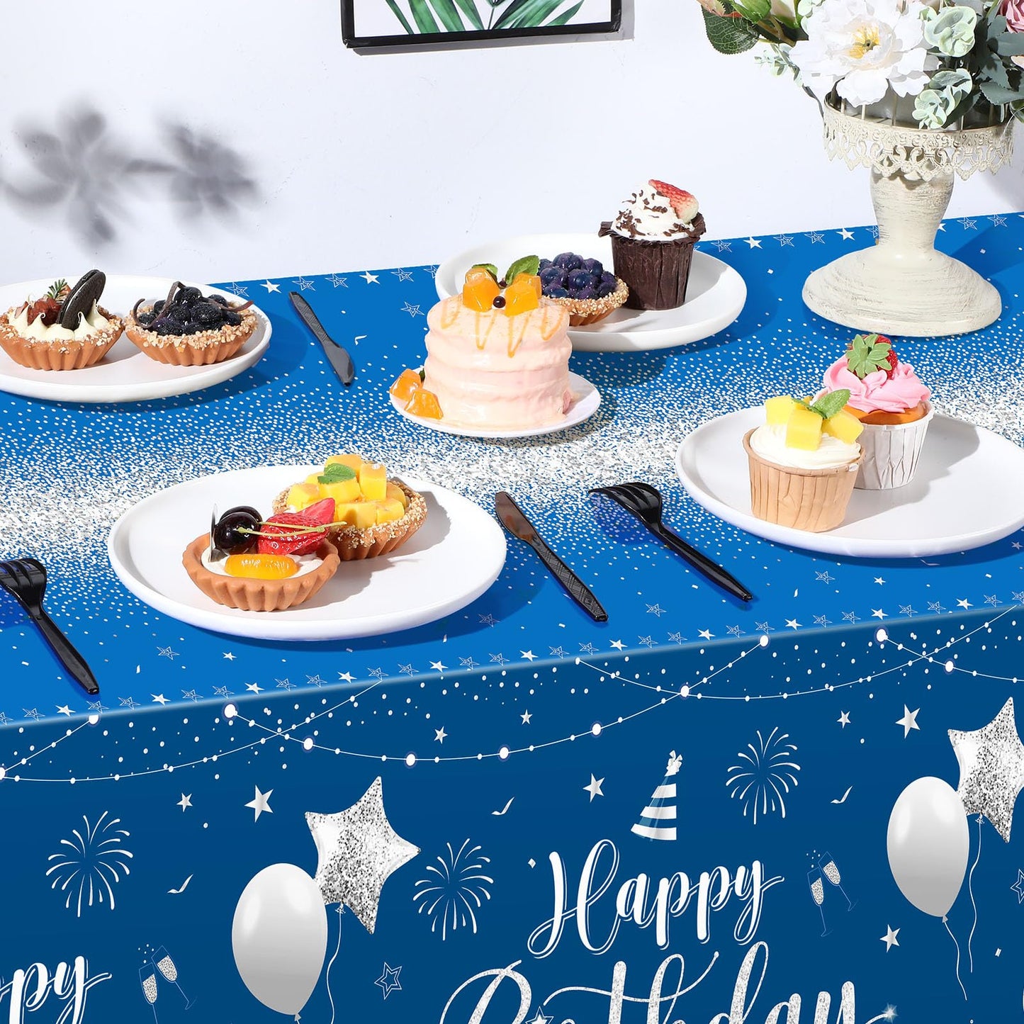 Tudomro 3 Pcs Happy Birthday Tablecloths – Blue & Silver, 54x108 in, Disposable Plastic Covers