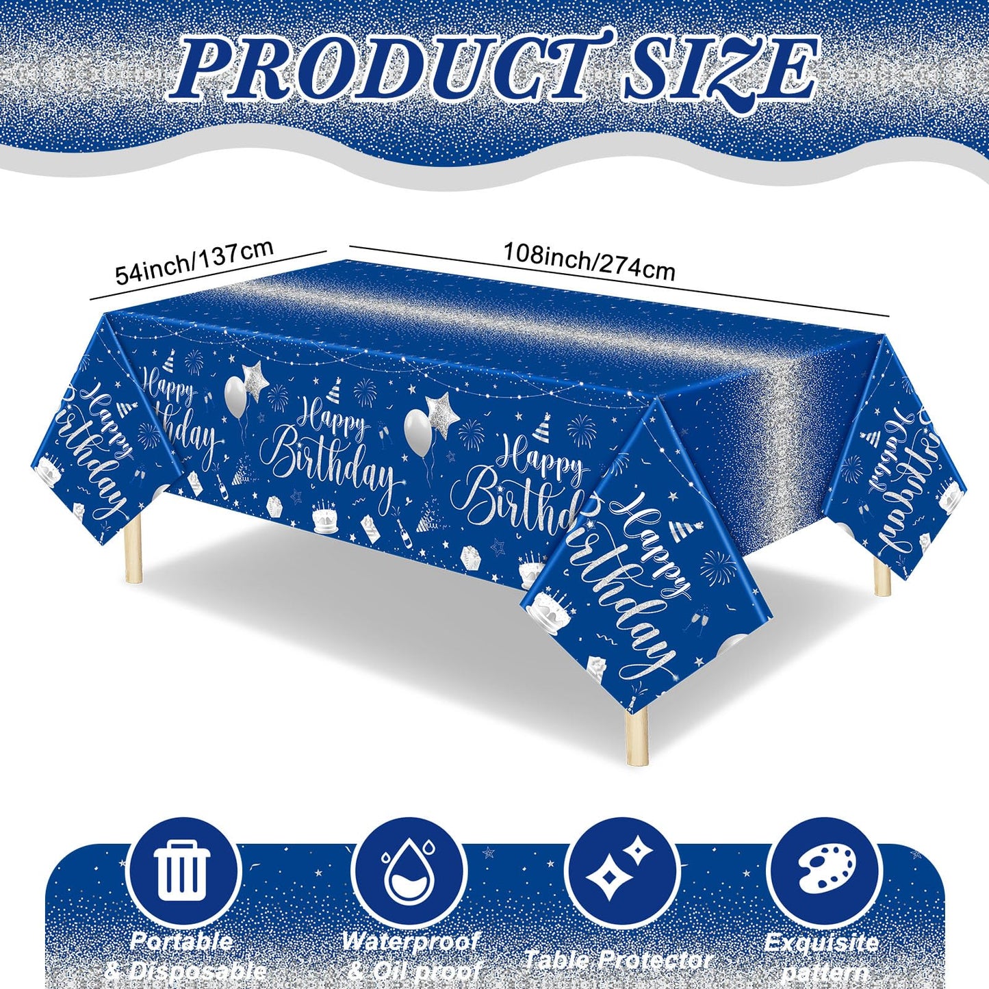 Tudomro 3 Pcs Happy Birthday Tablecloths – Blue & Silver, 54x108 in, Disposable Plastic Covers