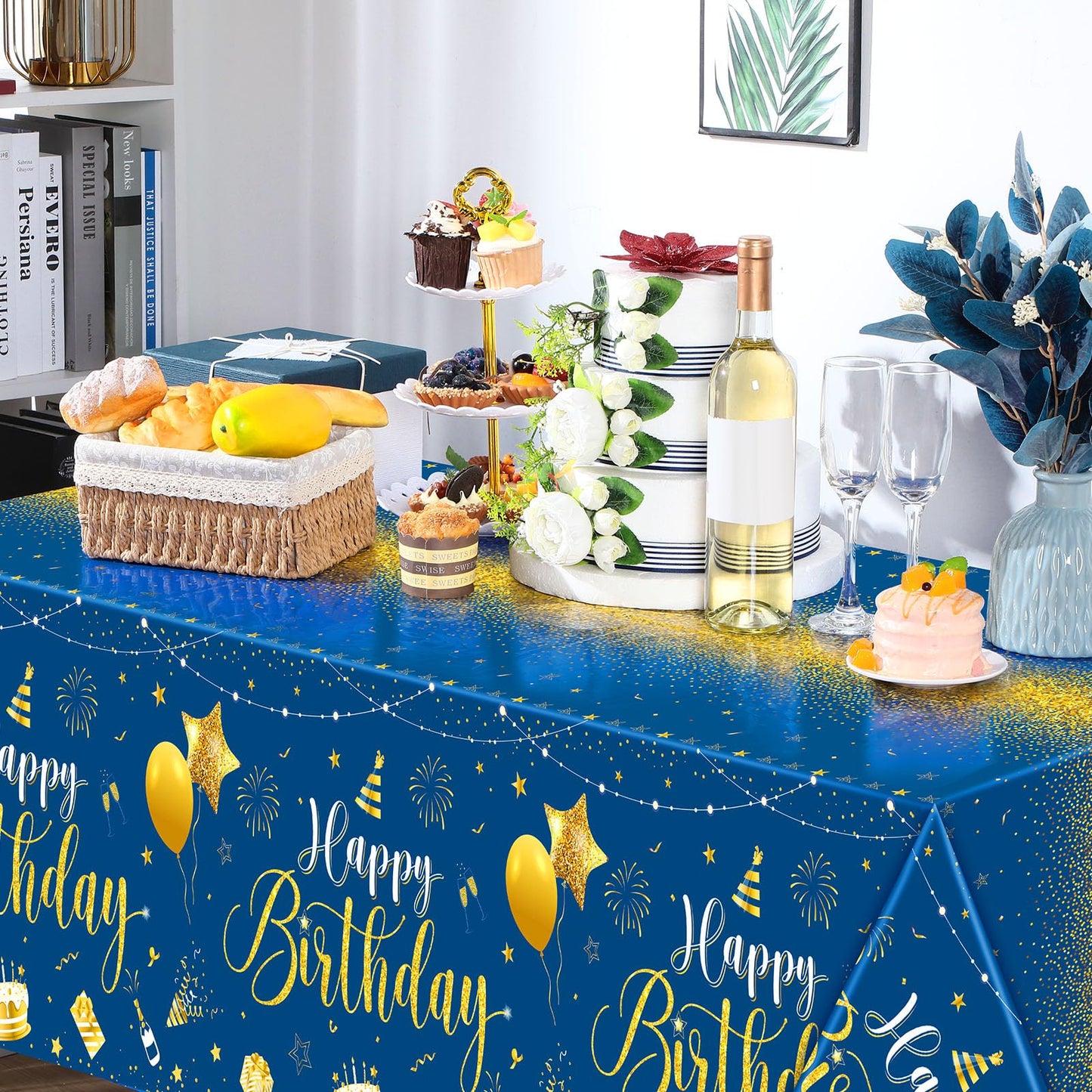 Tudomro 3 Pcs Happy Birthday Tablecloths – Blue & Silver, 54x108 in, Disposable Plastic Covers