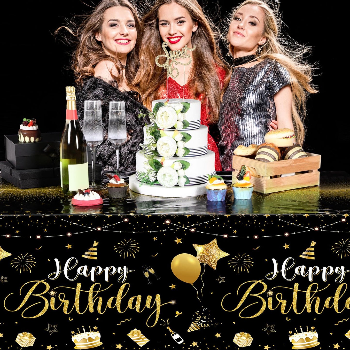 Tudomro 3 Pcs Happy Birthday Tablecloths – Black & Gold Disposable Table Covers 54 x 108 in