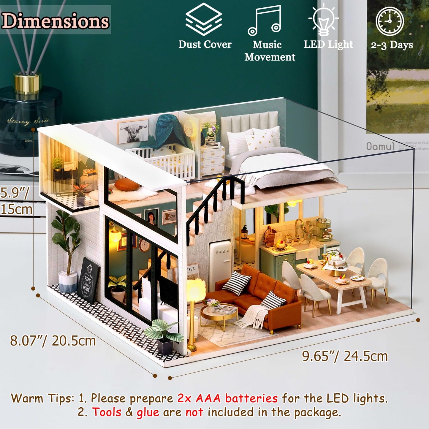 TuKIIE DIY Miniature Dollhouse Kit 1:24 Scale – Furniture, Dust-Proof Cover & Music Movement