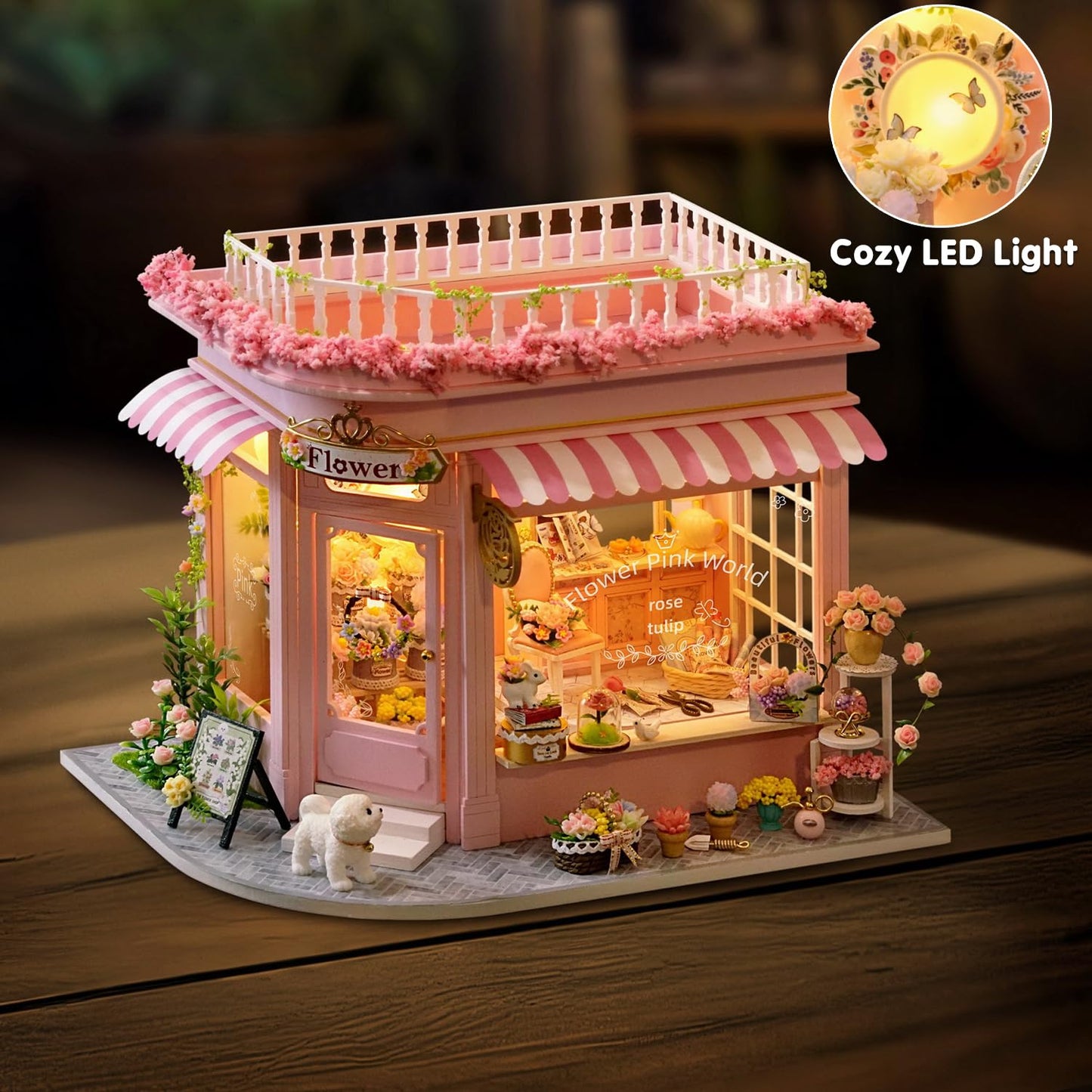 TuKIIE DIY Miniature Flower Shop Dollhouse Kit 1:24 – Dust Proof & Music Movement