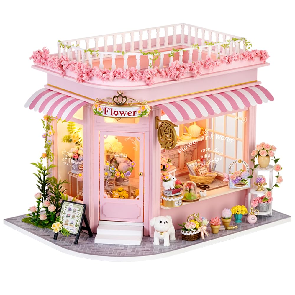 TuKIIE DIY Miniature Flower Shop Dollhouse Kit 1:24 – Dust Proof & Music Movement