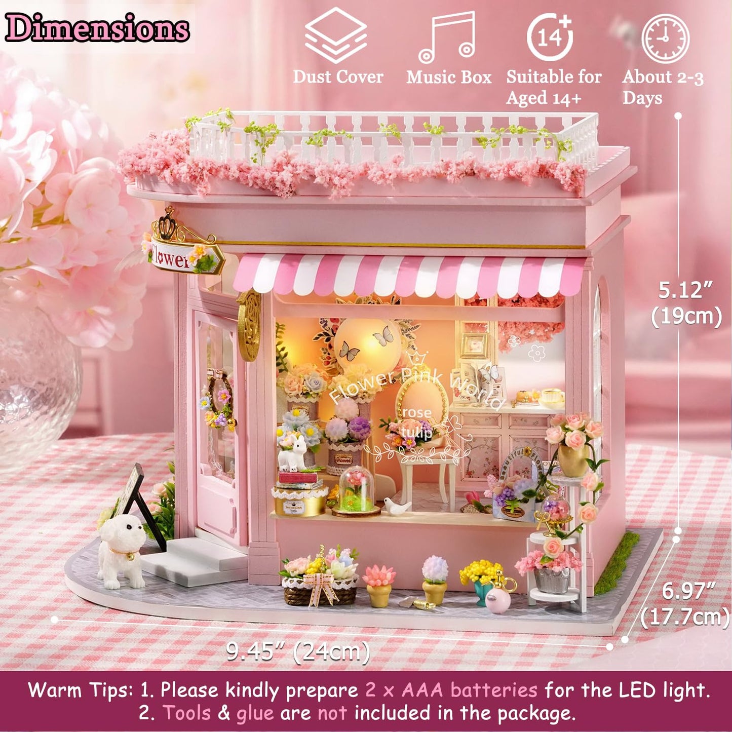 TuKIIE DIY Miniature Flower Shop Dollhouse Kit 1:24 – Dust Proof & Music Movement