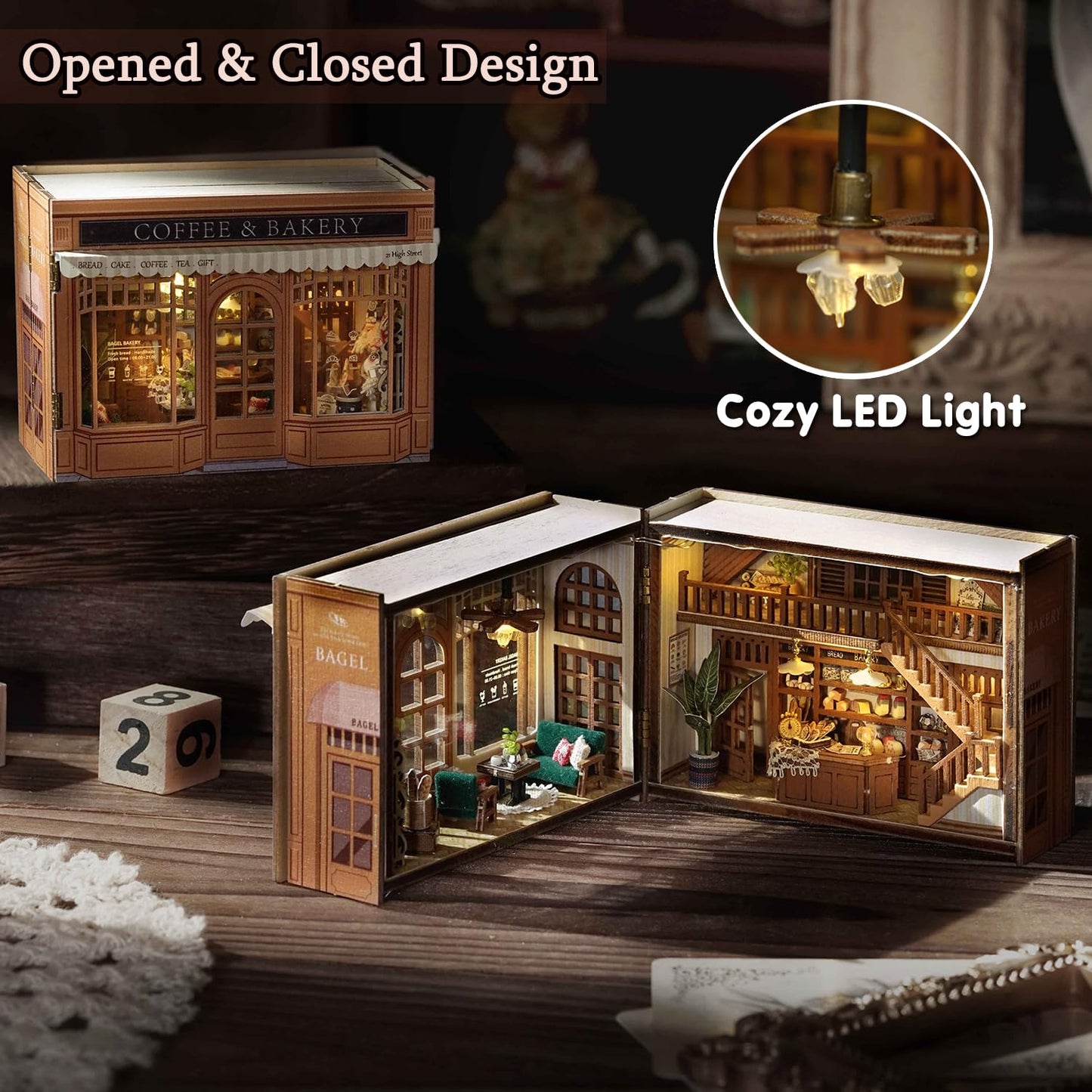 TuKIIE DIY Miniature Dollhouse Kit 1:32 – Opened & Closed Cube, Bagel Time