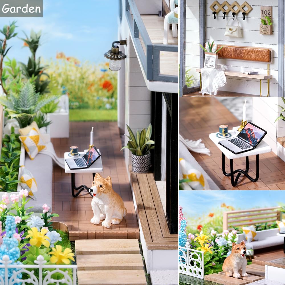 TuKIIE 1:24 Garden Villa Dollhouse Kit with Furniture, Dust-Proof Cover & Music Movement