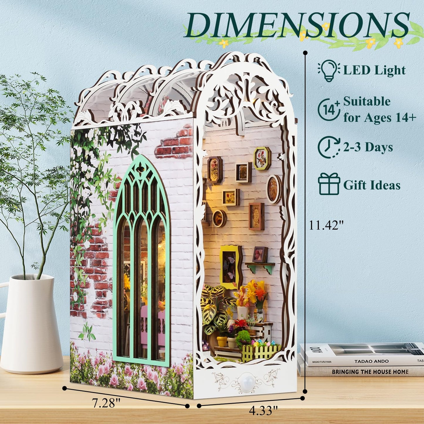 TuKIIE DIY Book Nook Kit with Sensor Light — Wooden Bookend Stand (Flower House)