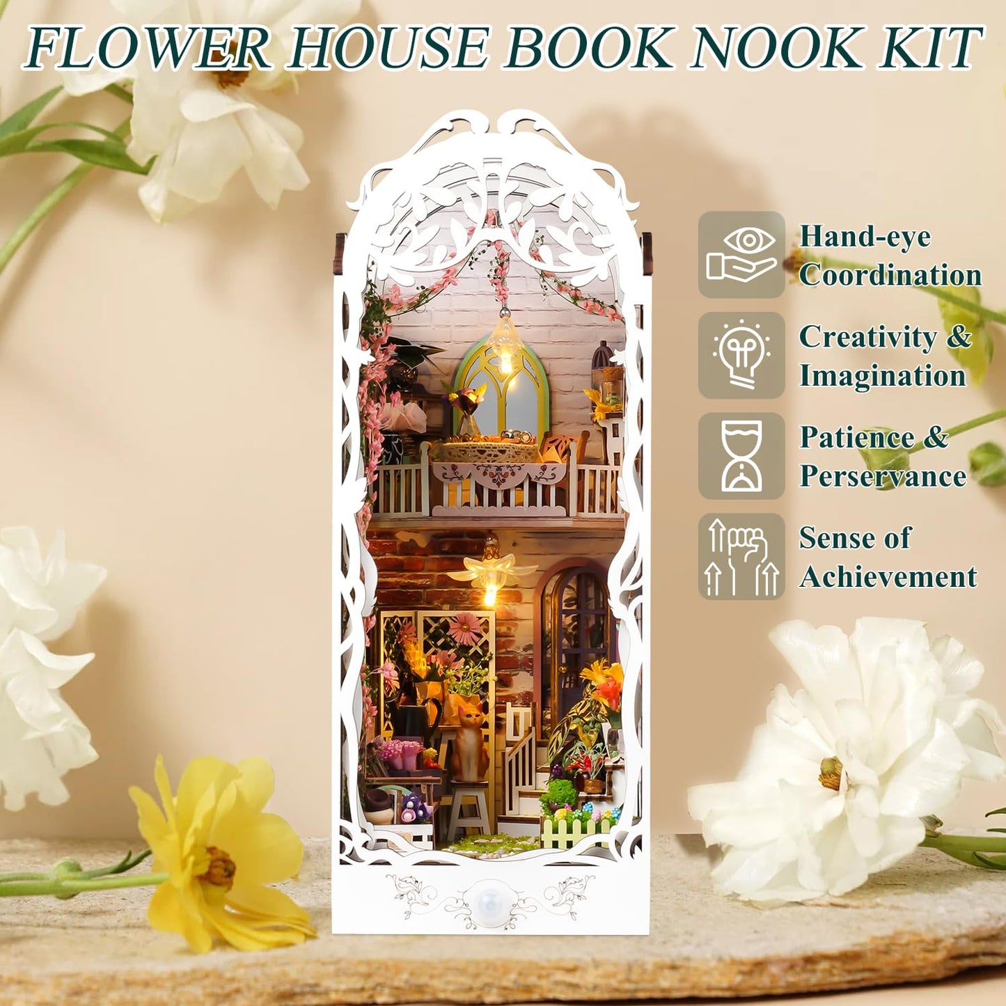 TuKIIE DIY Book Nook Kit with Sensor Light — Wooden Bookend Stand (Flower House)