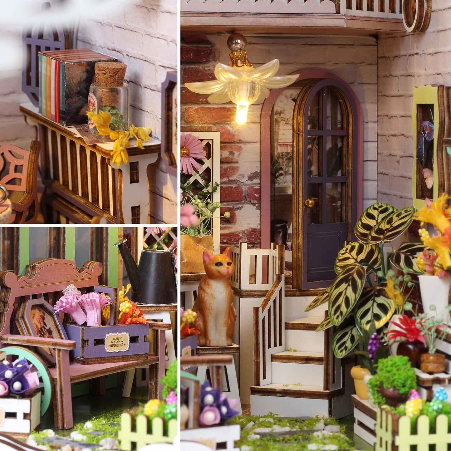 TuKIIE DIY Book Nook Kit with Sensor Light — Wooden Bookend Stand (Flower House)