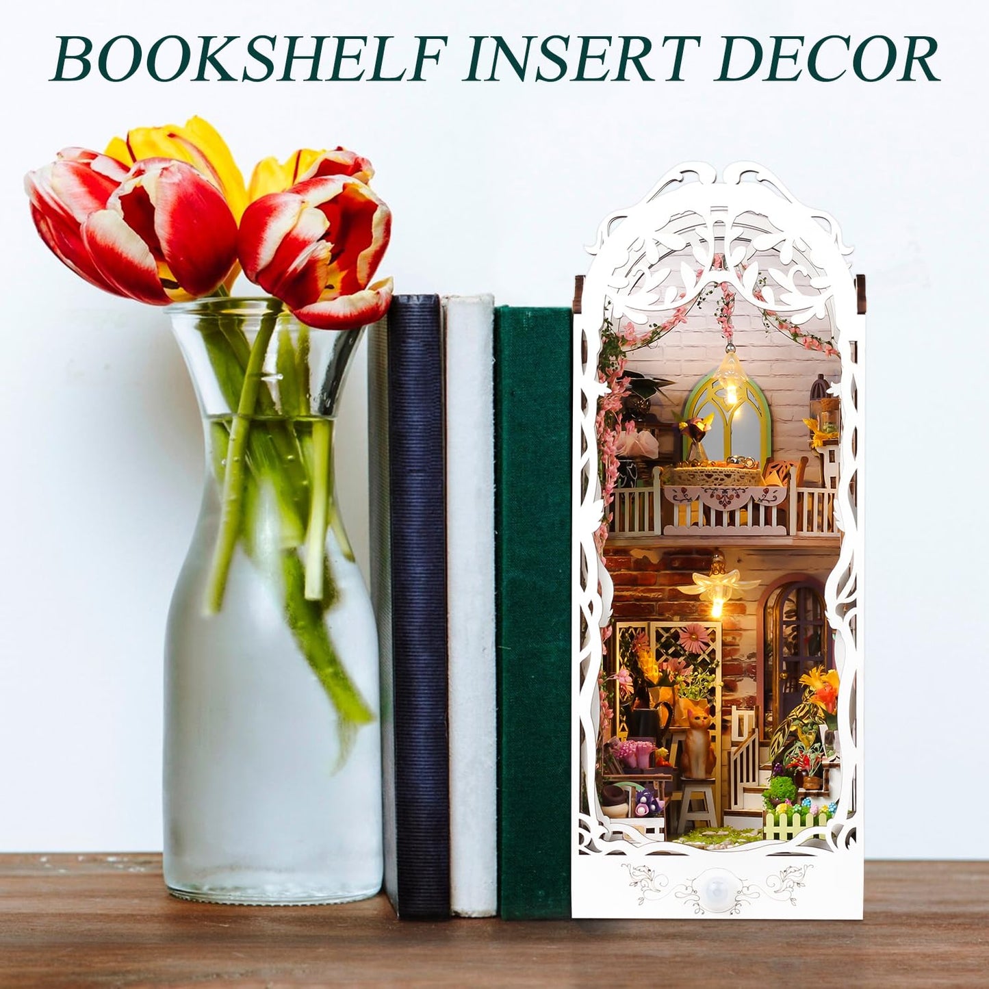 TuKIIE DIY Book Nook Kit with Sensor Light — Wooden Bookend Stand (Flower House)