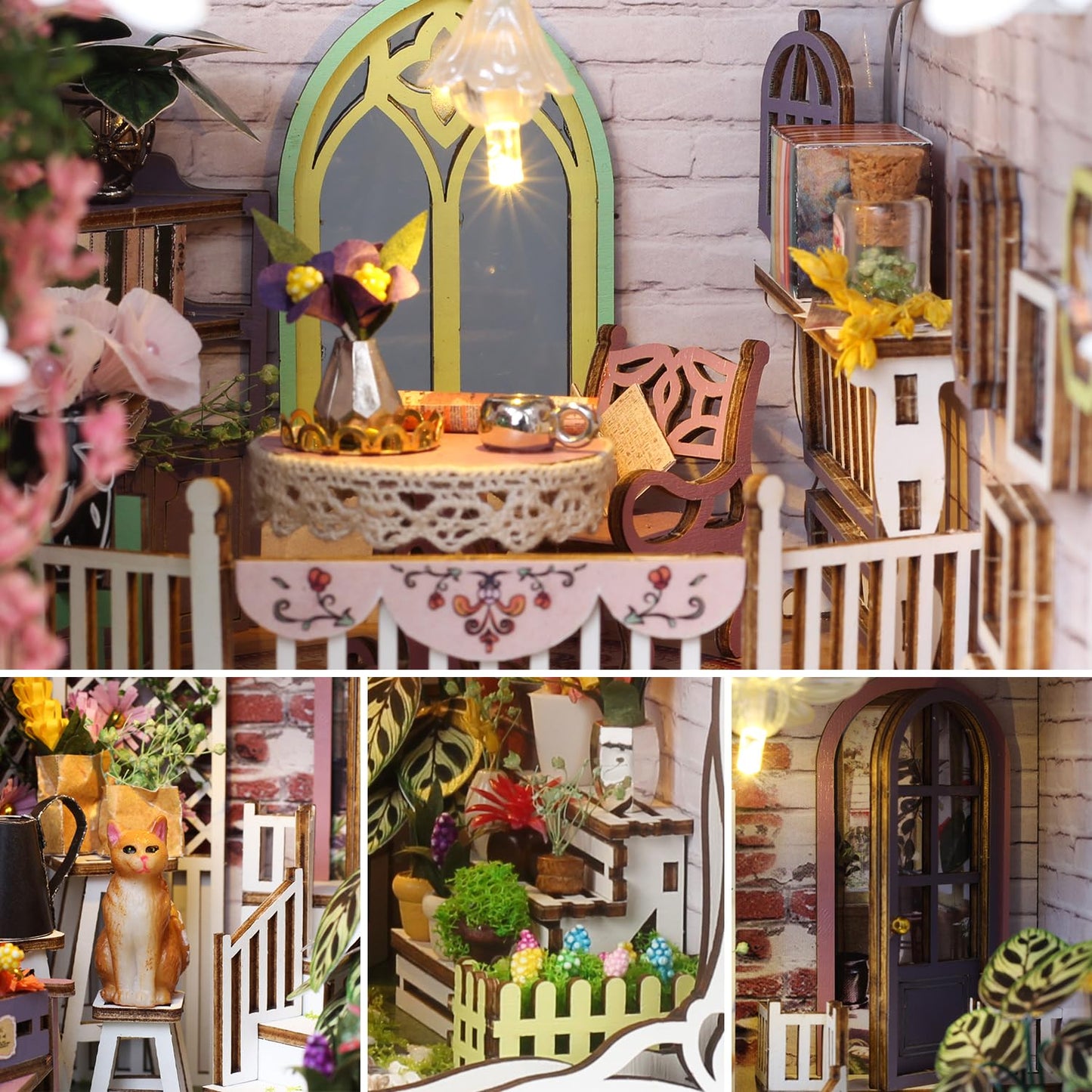 TuKIIE DIY Book Nook Kit with Sensor Light — Wooden Bookend Stand (Flower House)