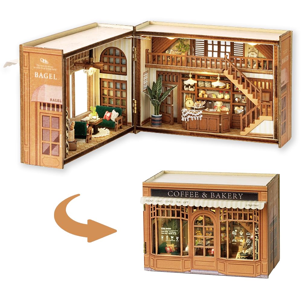 TuKIIE DIY Miniature Dollhouse Kit 1:32 – Opened & Closed Cube, Bagel Time