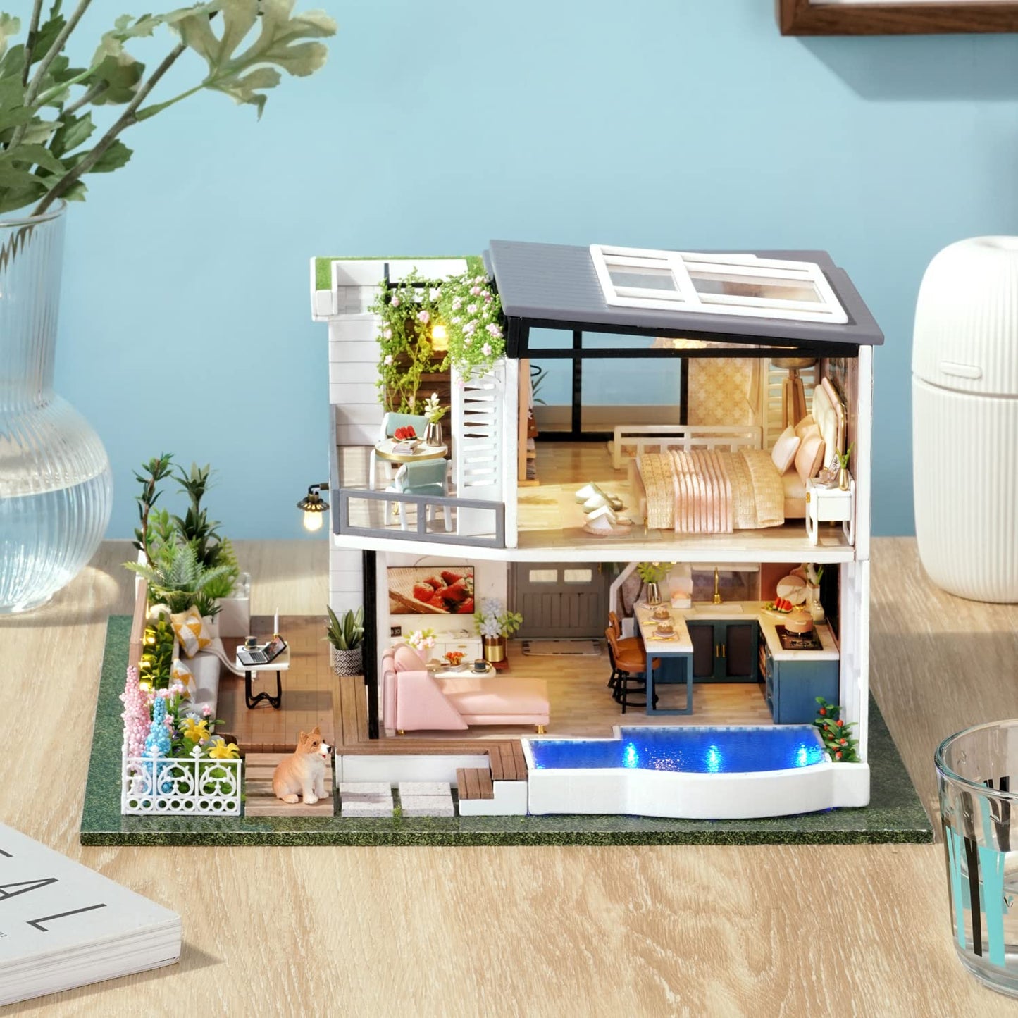 TuKIIE 1:24 Garden Villa Dollhouse Kit with Furniture, Dust-Proof Cover & Music Movement